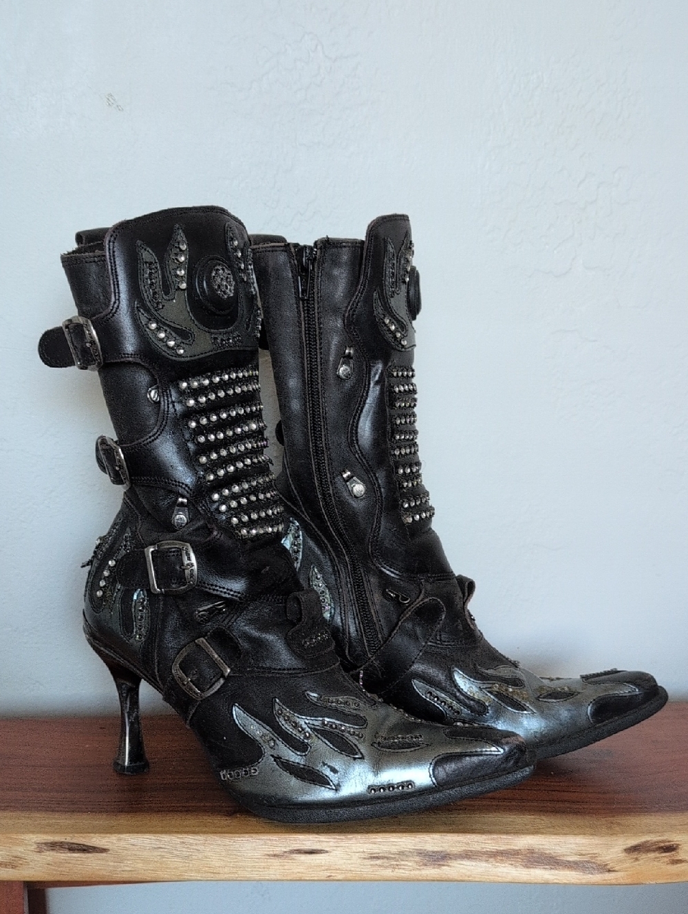 New Rock Black Studded Women's Mid-Calf Heeled Boots 37